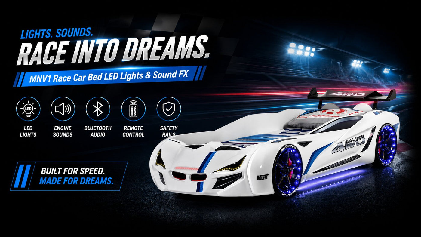 MNV1 FULLTIME Race Car Bed: Sleek Aerodynamic Styling with Remote-Controlled LED Lights & Racing Sound FX