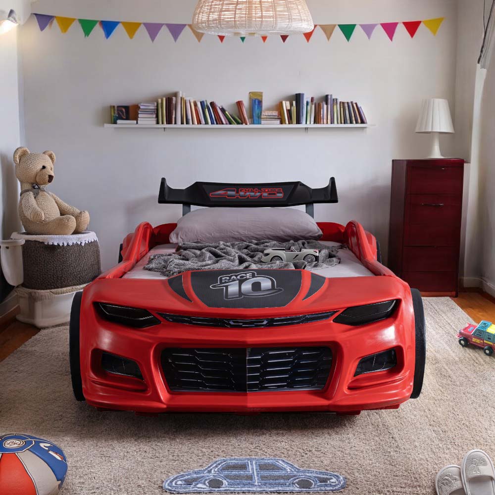 A children's bedroom designed with a racecar theme, featuring a sleek race car bed as the centerpiece. Vibrant and lively colors echo the speed and energy of ra
