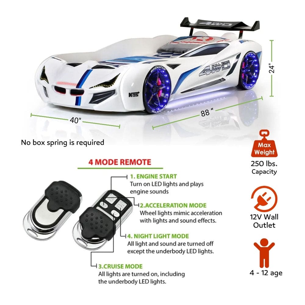 MNV1 Fulltime Race Car Bed with Remote LED Lights & Racing Sounds