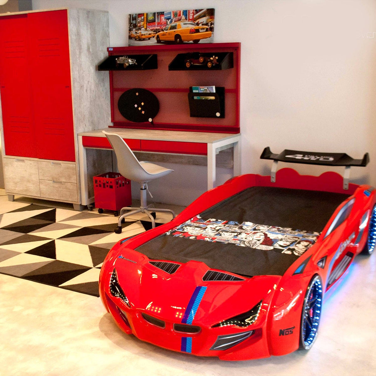MNV1 Fulltime Race Car Bed with Remote LED Lights & Racing Sounds