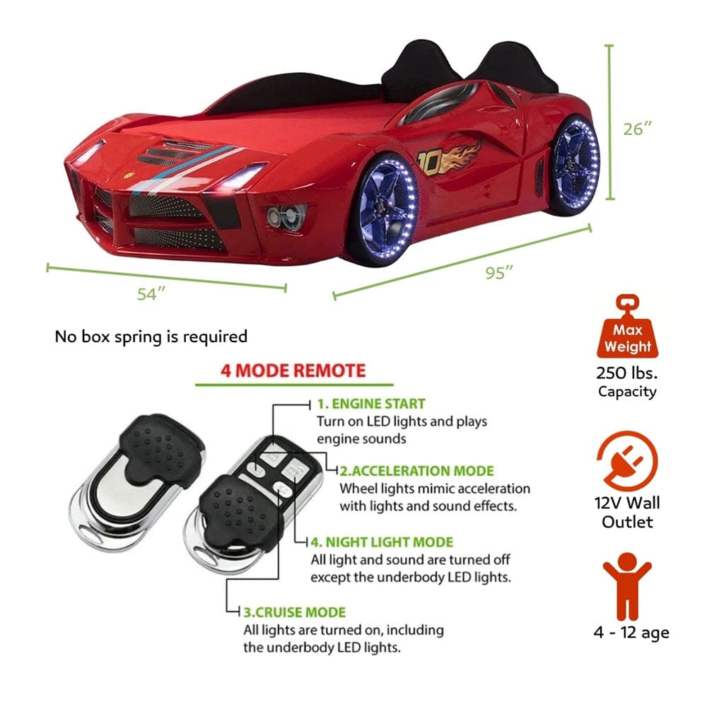 MOON Luxury Twin Race Car Bed with Remote-Controlled LED Lights
