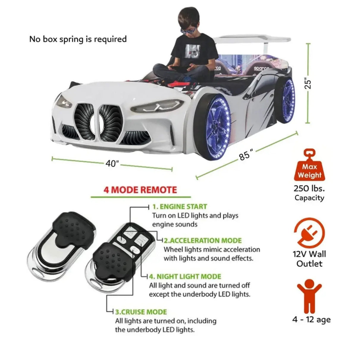 GTX Twin Size Race Car Bed: Immersive LED Illumination & Interactive Racing Sound FX