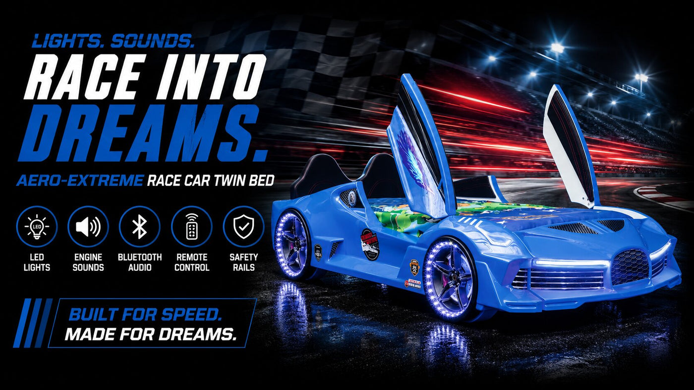AERO EXTREME Twin Race Car Bed: Performance LED Lighting & Immersive Sound Technology