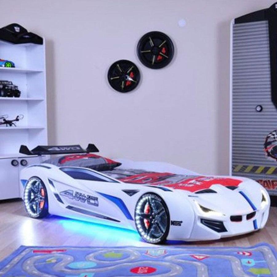 MNV1 FULLTIME Race Car Bed: Sleek Aerodynamic Styling with Remote-Controlled LED Lights & Racing Sound FX