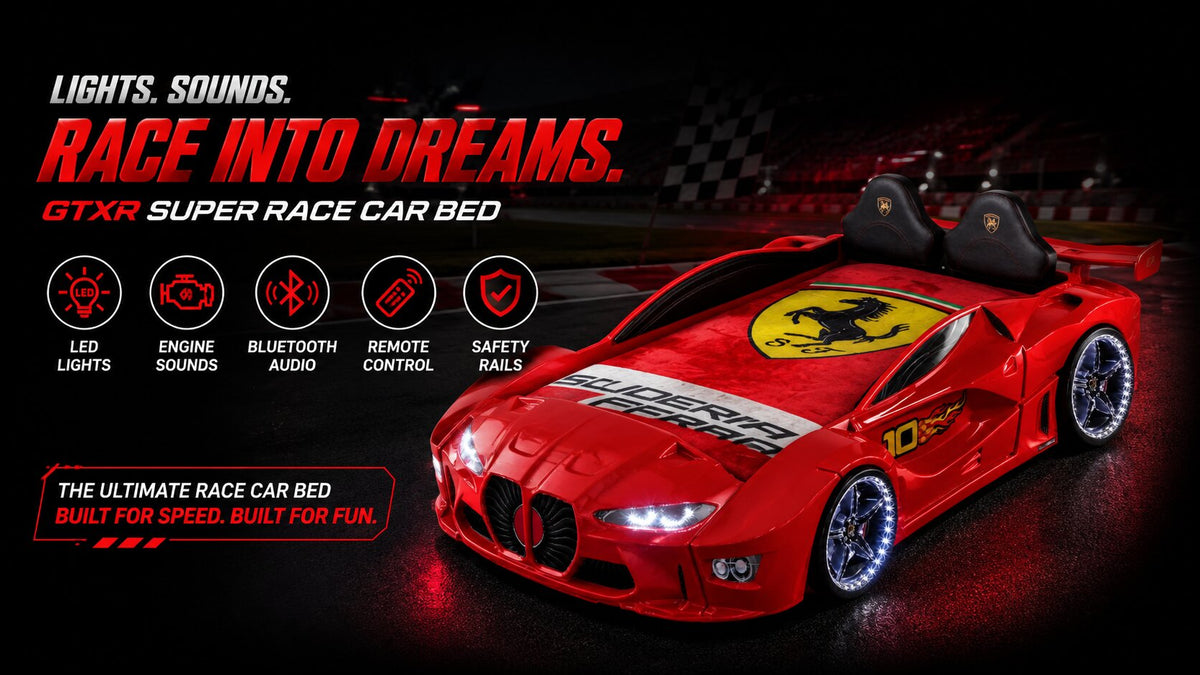 GTXR Super Twin Race Car Bed with LED Lights & Sound Effects