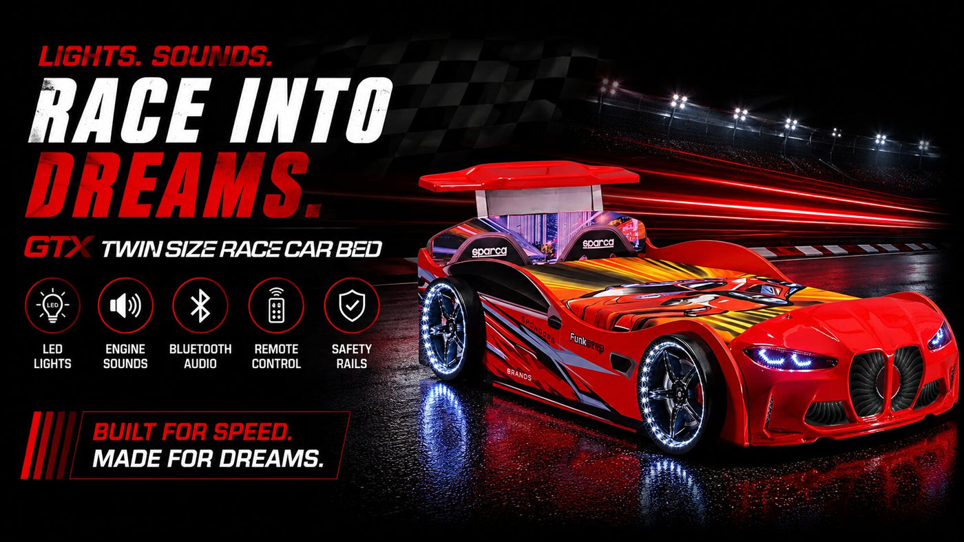 GTX Twin Size Race Car Bed: Immersive LED Illumination & Interactive Racing Sound FX