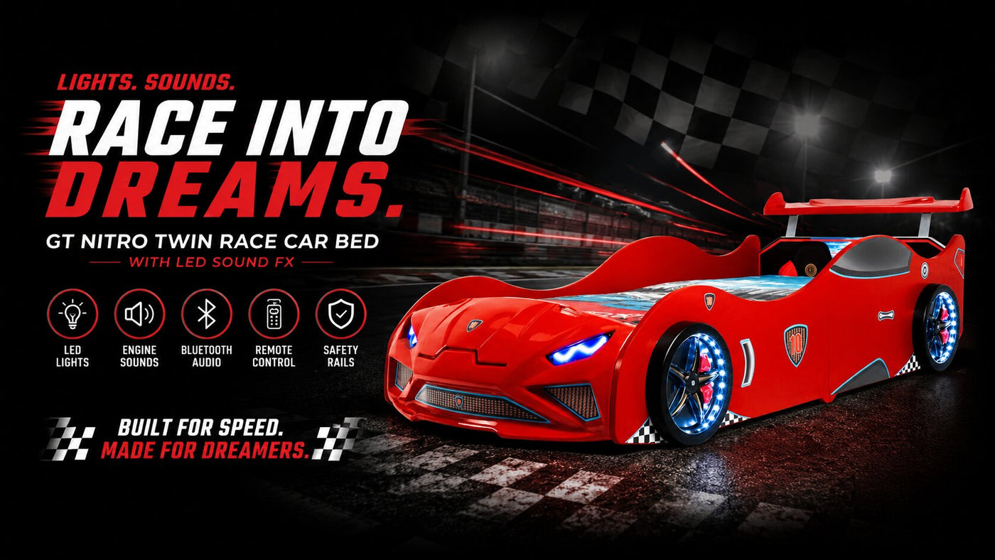 GT NITRO Twin Race Car Bed with LED Lights & Engine Sounds