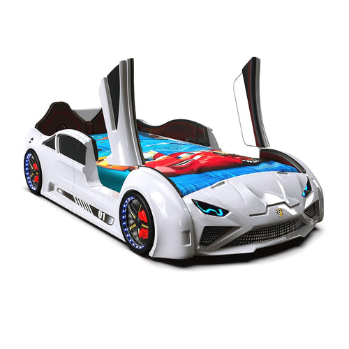 NITRO RX Twin Race Car Bed: Interactive LED Lighting & Realistic Engine Sound FX Race Car Beds Race Car Beds White