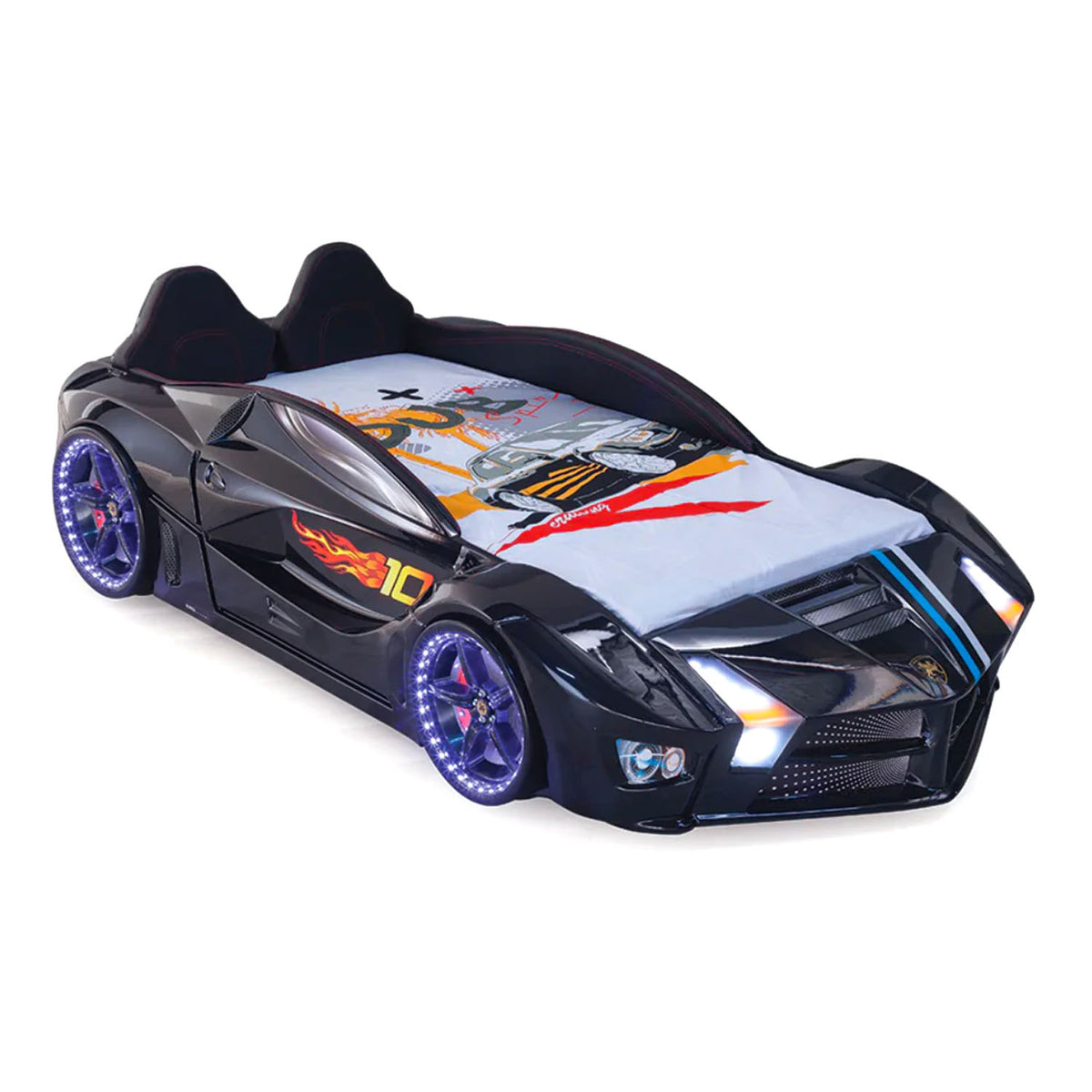 MOON Luxury Twin Race Car Bed with Remote-Controlled LED Lights