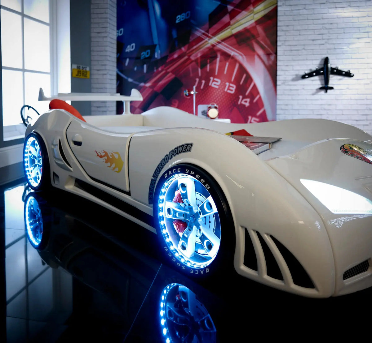 M3 INFINITI Twin Race Car Bed: Interactive Remote-Controlled LED Lights & Racing Sound FX
