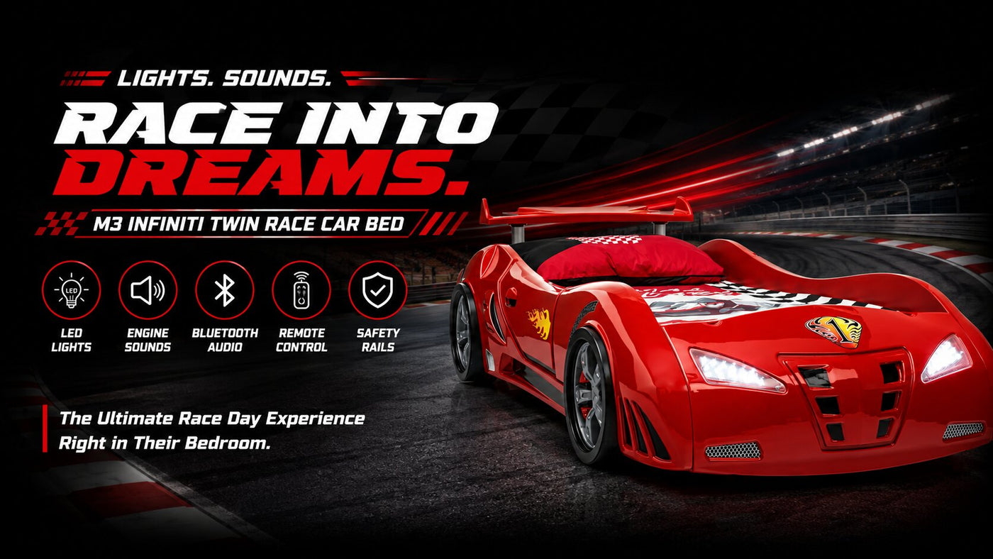 M3 INFINITI Twin Race Car Bed: Interactive Remote-Controlled LED Lights & Racing Sound FX