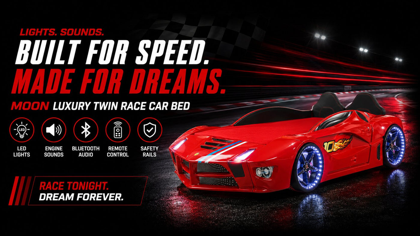 MOON Luxury Twin Race Car Bed: Interactive Remote-Controlled Adventure with Realistic LED Effects