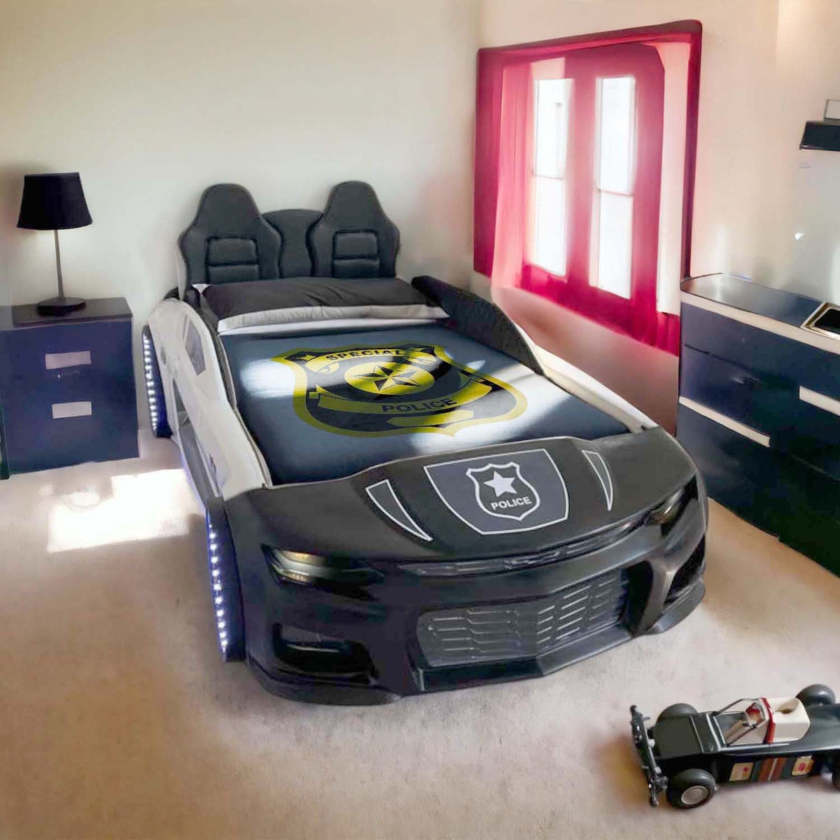 POLICE CHAMPION Race Car Bed with Siren Lights, Intercom & Bluetooth