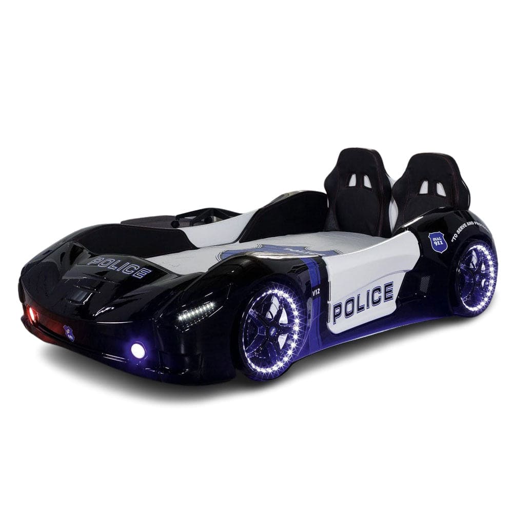 SPYDER POLICE Twin Race Car Bed with LED Lights & Sound FX, FREE Mattress Included