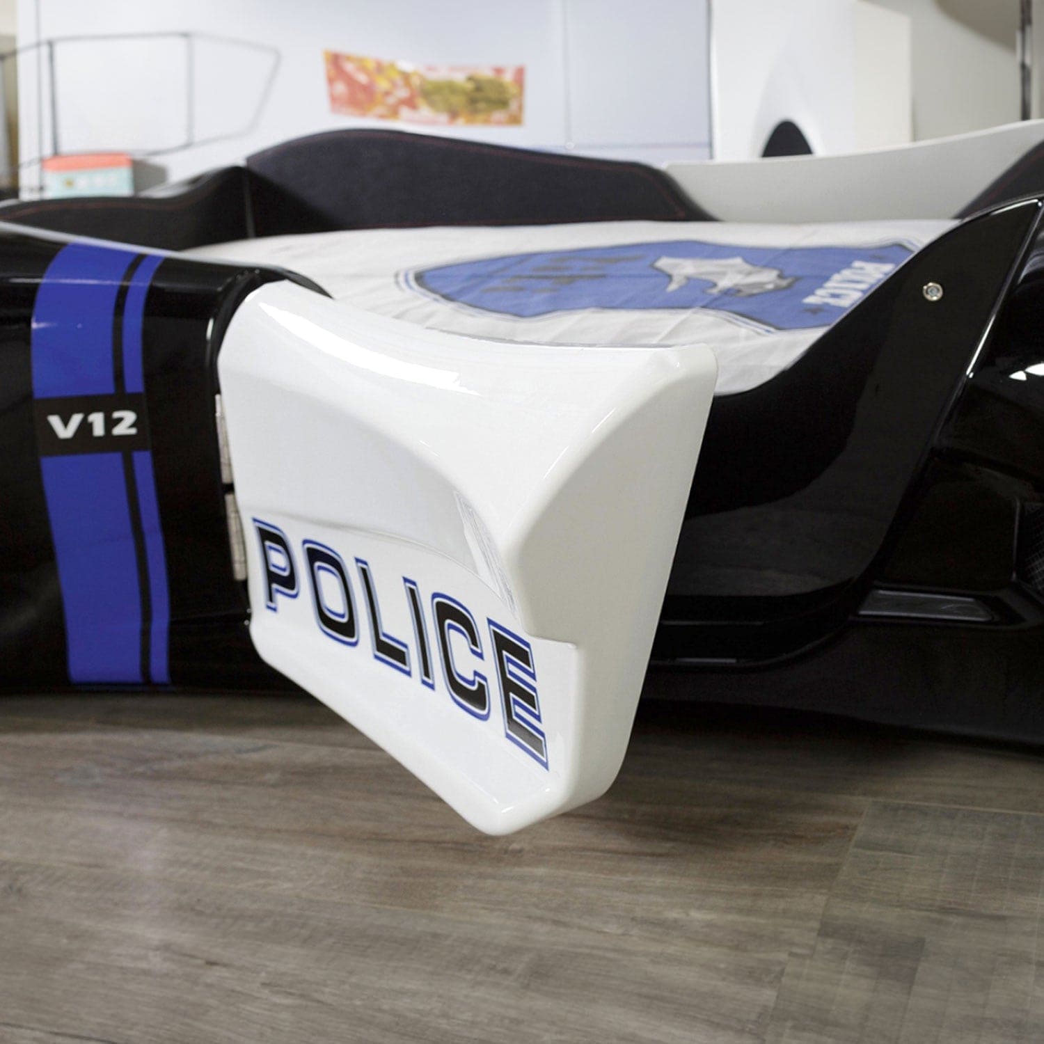 SPYDER POLICE Twin Race Car Bed with LED Lights & Sound FX, FREE Mattress Included