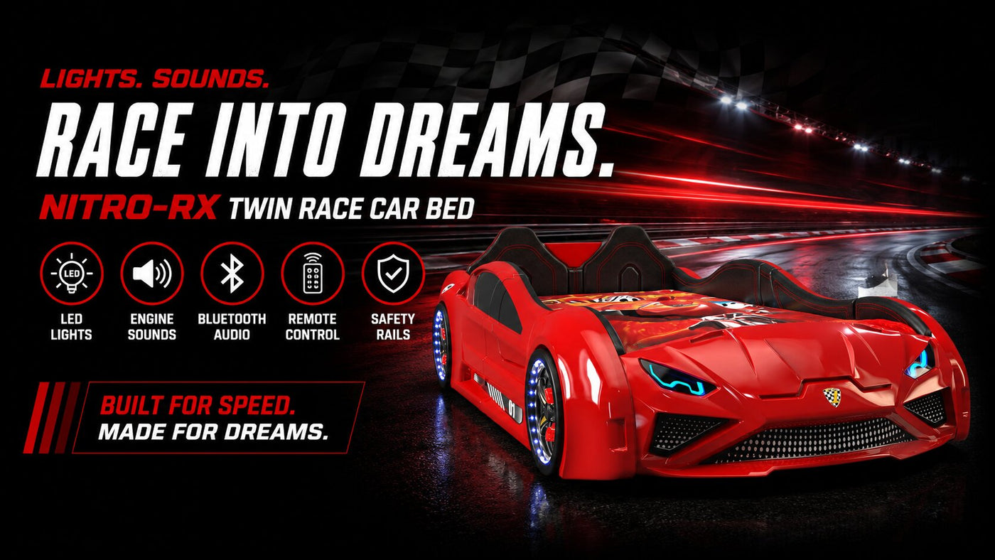 NITRO RX Twin Race Car Bed with LED Lights & Engine Sounds