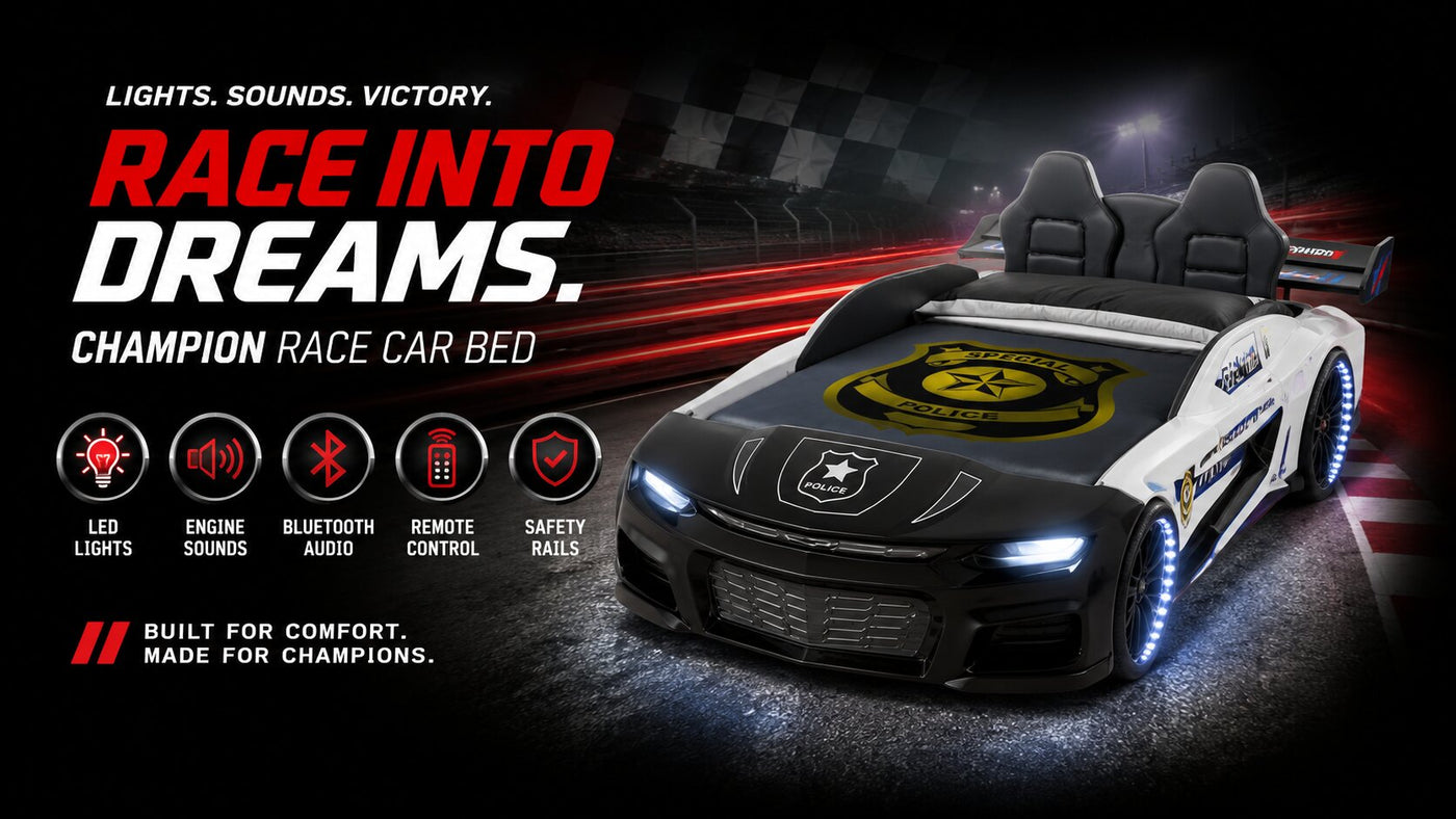POLICE CHAMPION Race Car Bed: Interactive Siren Lights, Voice Intercom & Bluetooth Connectivity