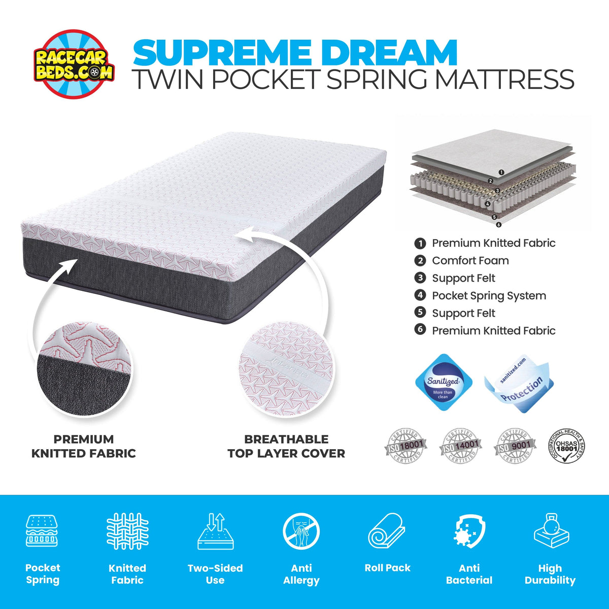 SUPREME DREAM Premium Pocket Spring Twin Mattress - 75" x 38"