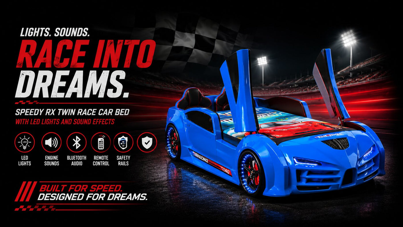 SPEEDY RX Twin Race Car Bed: Interactive LED Lighting & Realistic Engine Sound FX