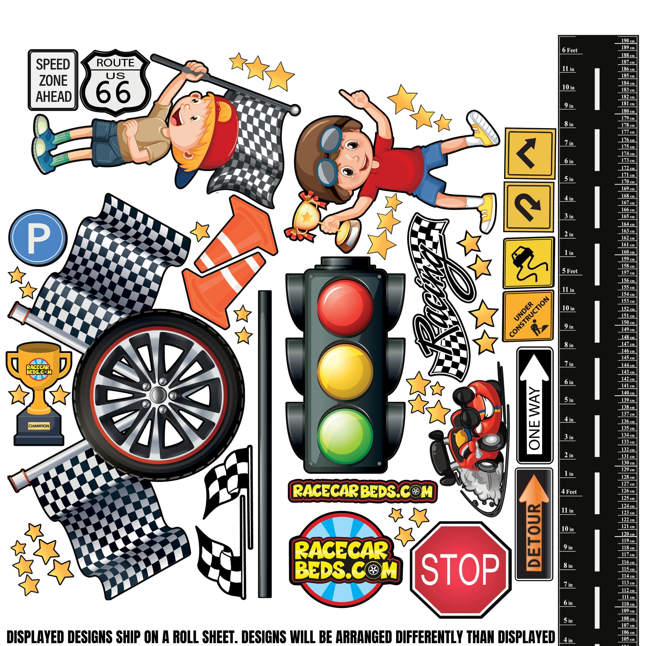 Race Track Themed Wall Decal Sticker Set with Height Chart