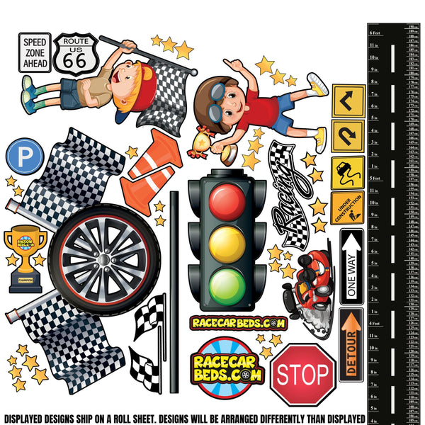 Race Track Wall Decal Set with Height Chart Stickers Race Car Beds