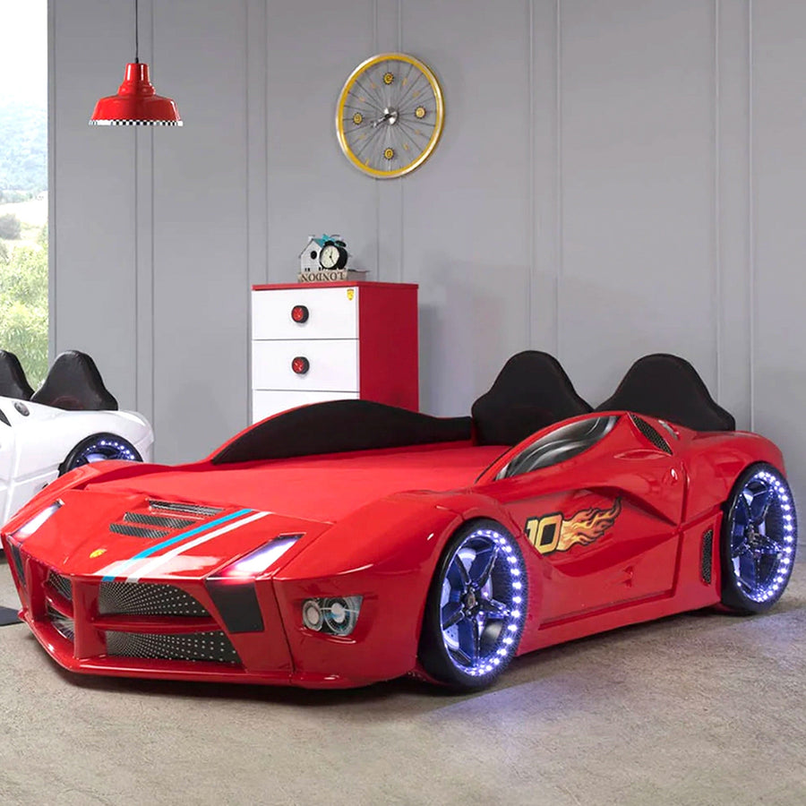 MOON Luxury Twin Race Car Bed: Interactive Remote-Controlled Adventure with Realistic LED Effects