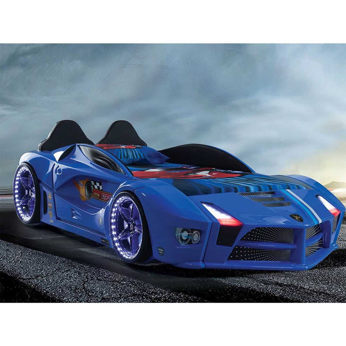 MOON Luxury Twin Race Car Bed with Remote-Controlled LED Lights