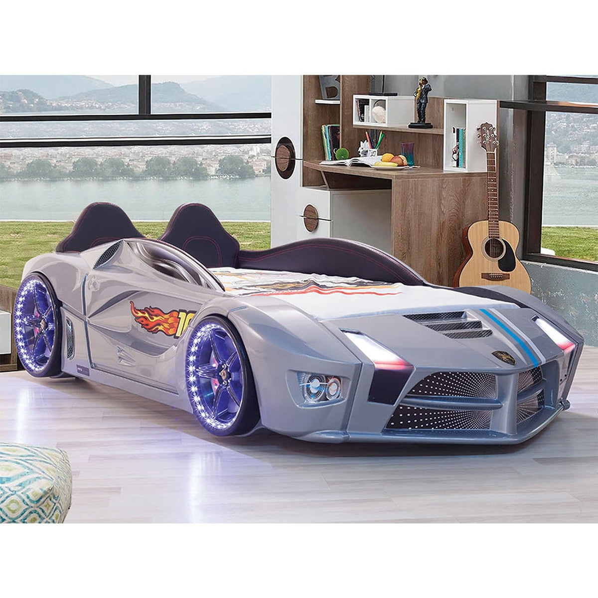 MOON Luxury Twin Race Car Bed with Remote-Controlled LED Lights