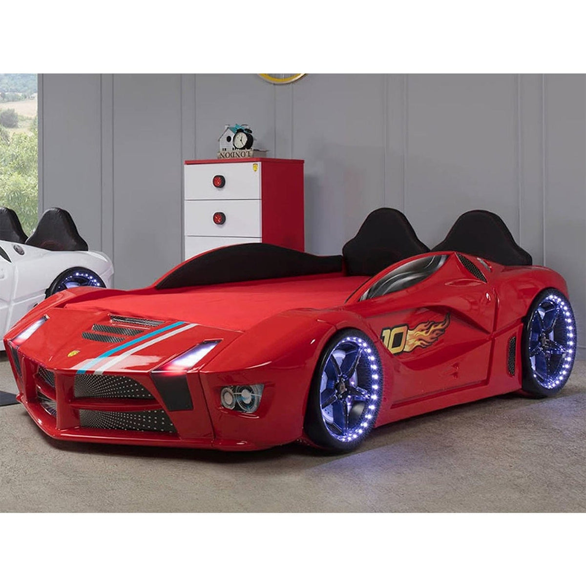 MOON Luxury Twin Race Car Bed with Remote-Controlled LED Lights