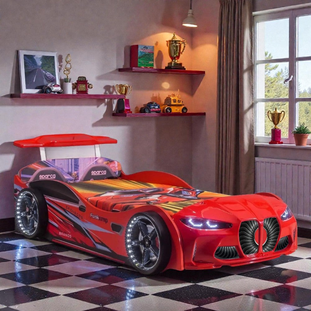 GTX Twin Size Race Car Bed: Immersive LED Illumination & Interactive Racing Sound FX