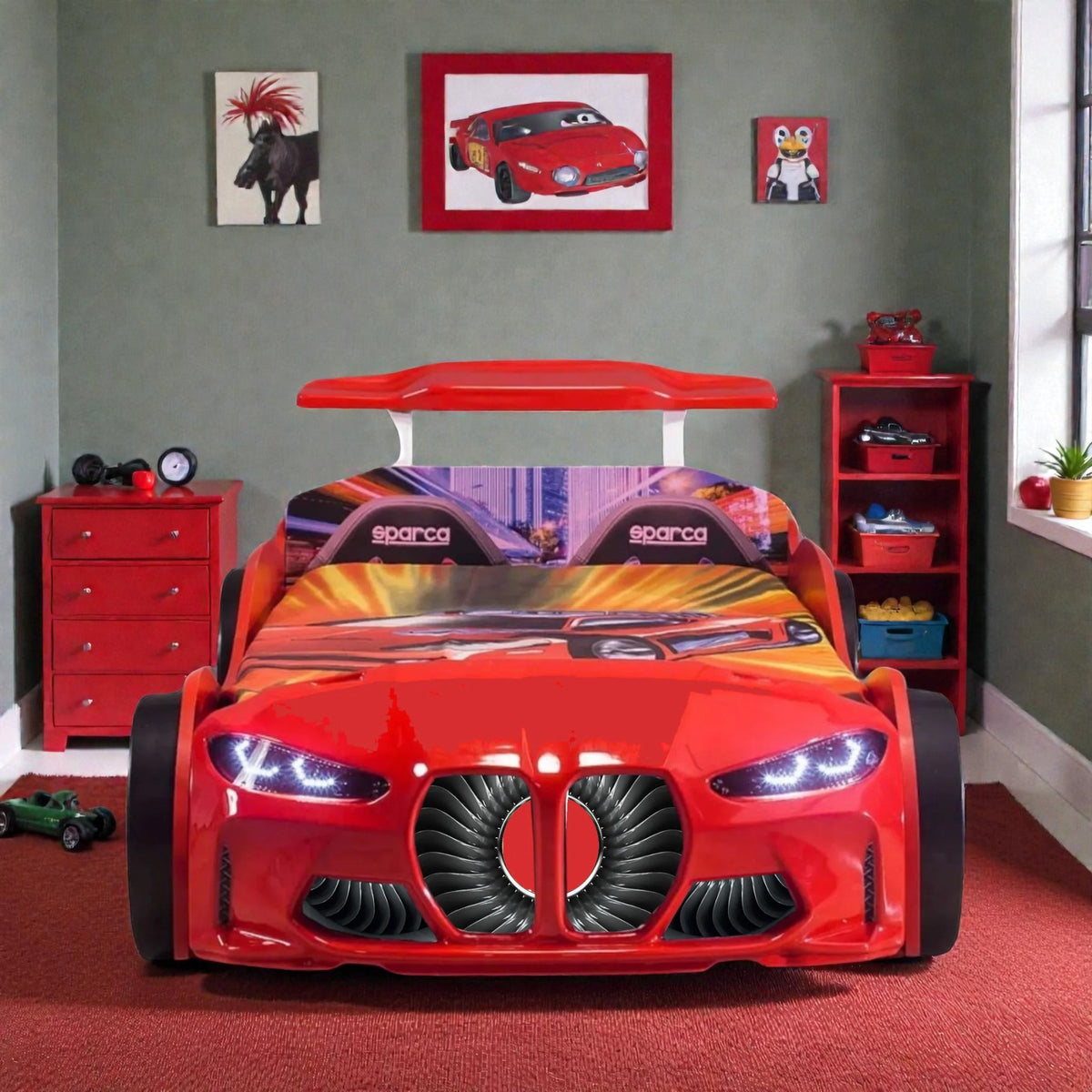 GTX Twin Size Race Car Bed: Immersive LED Illumination & Interactive Racing Sound FX