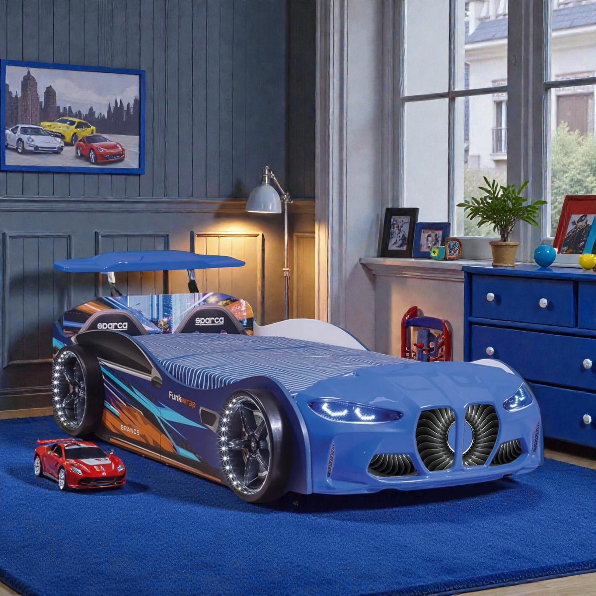 GTX Twin Size Race Car Bed: Immersive LED Illumination & Interactive Racing Sound FX