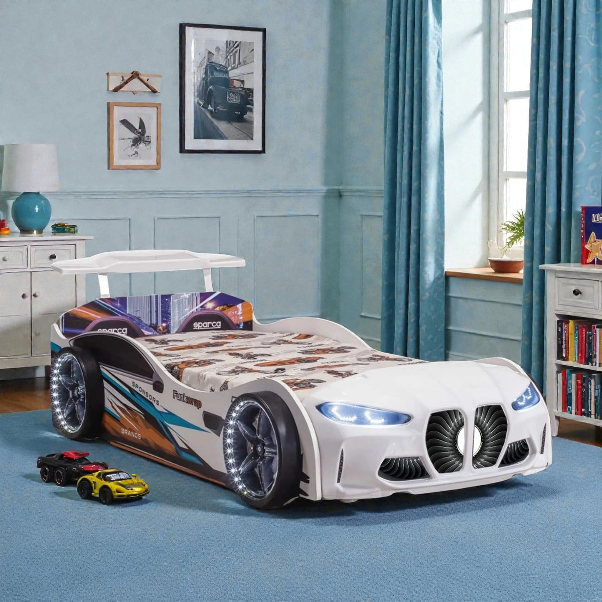 GTX Twin Size Race Car Bed: Immersive LED Illumination & Interactive Racing Sound FX
