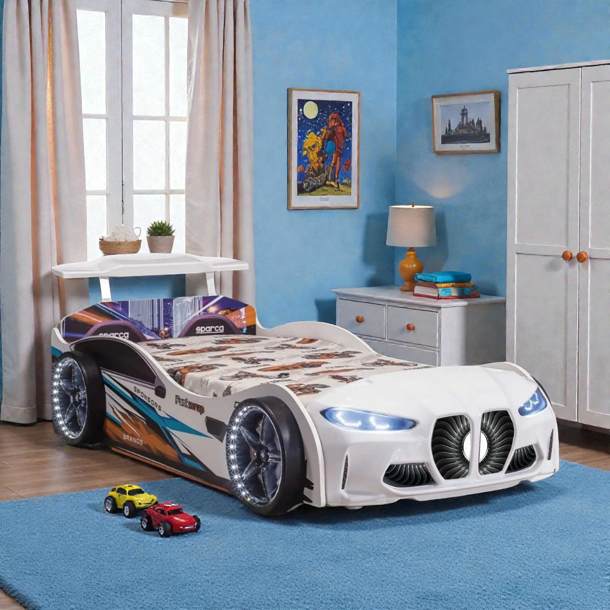GTX Twin Size Race Car Bed: Immersive LED Illumination & Interactive Racing Sound FX